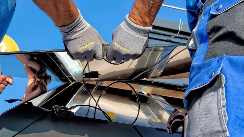 Solar panels on residential roof with blue sky background